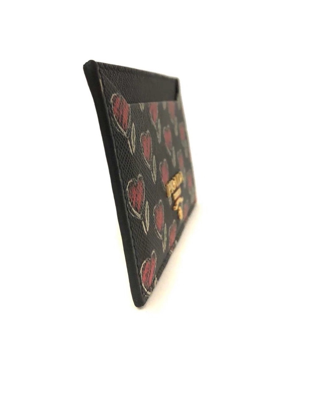 Prada Black Leather Card Holder with Red Heart Tulip Motif - Picture 2 of 7
